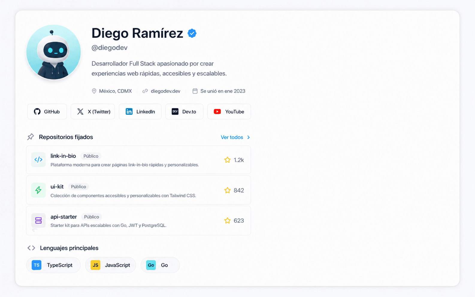 Preview visual de Conecta GitHub y luce tu perfil técnico