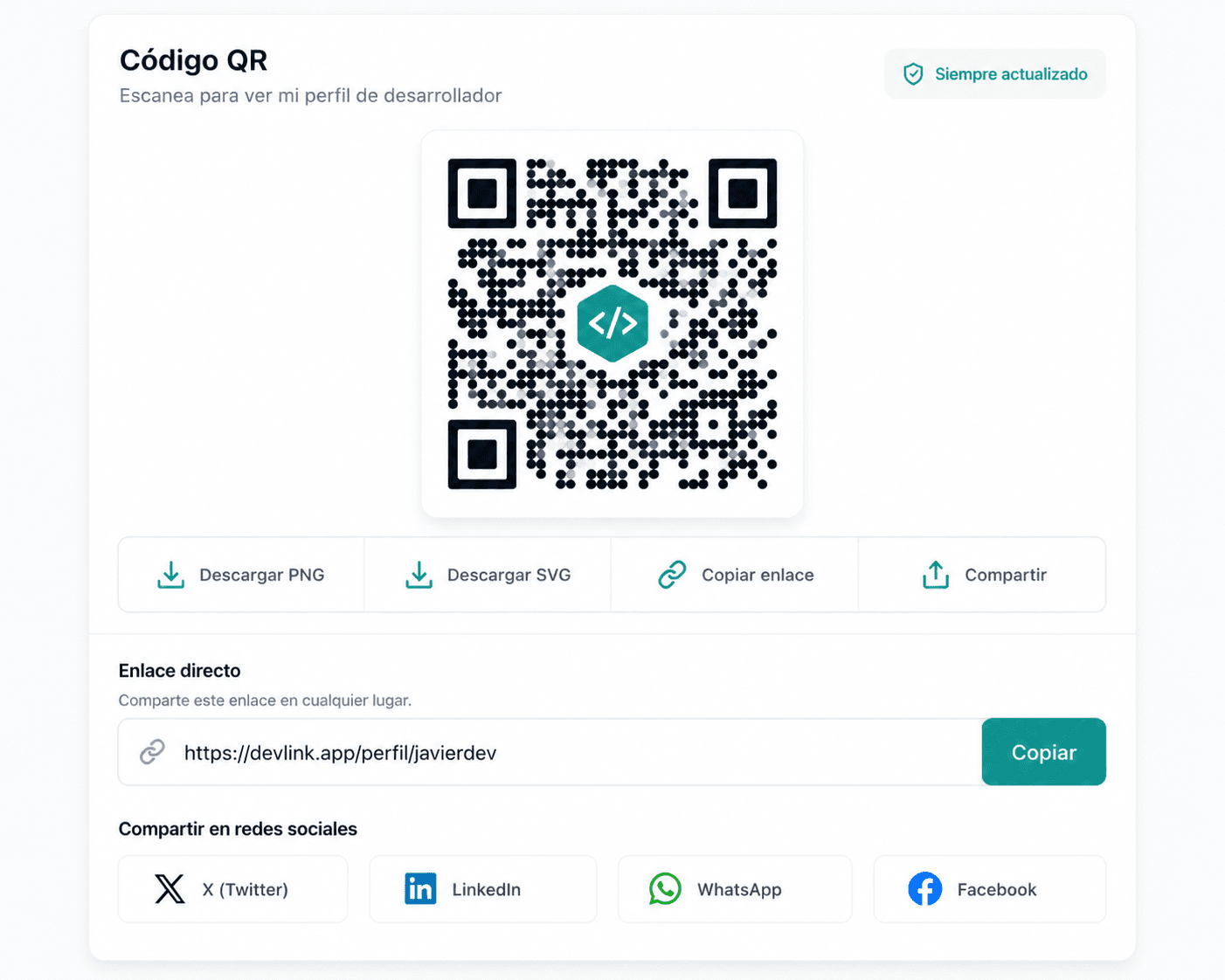 Preview visual de Comparte en segundos con QR y enlace corto