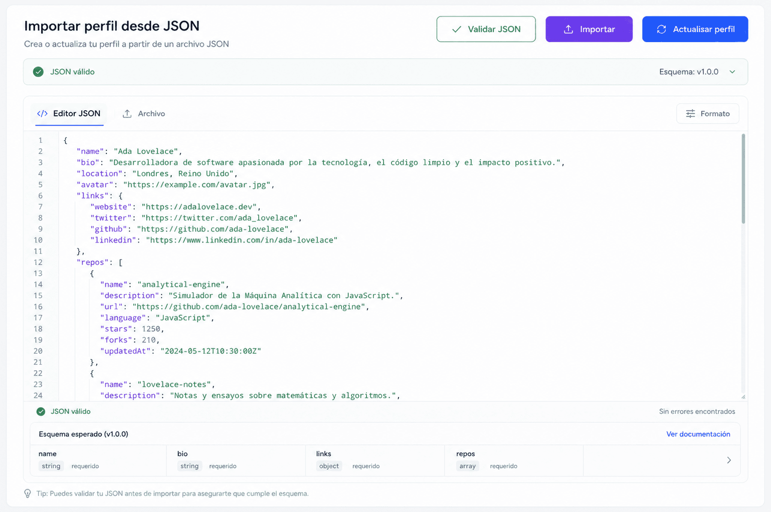 Preview visual de Crea tu perfil automáticamente con JSON